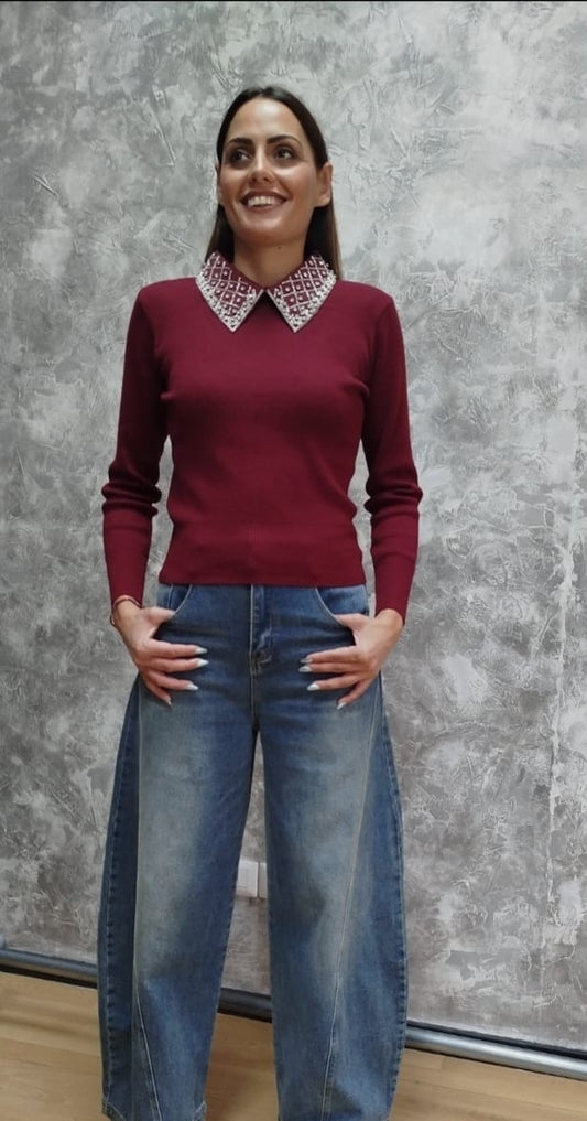 Pullover collo camicia con strass