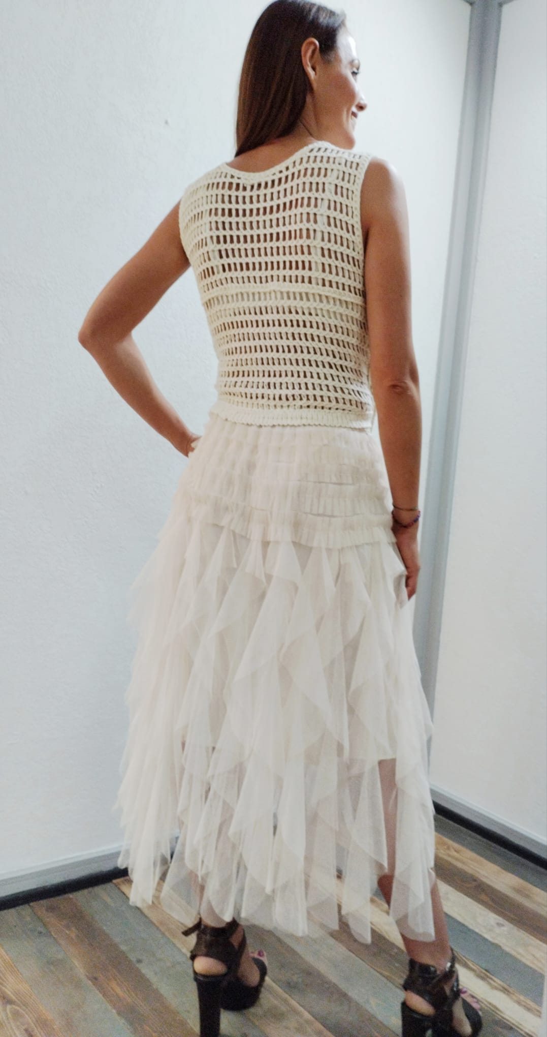 Gonna drappeggiata in tulle beige