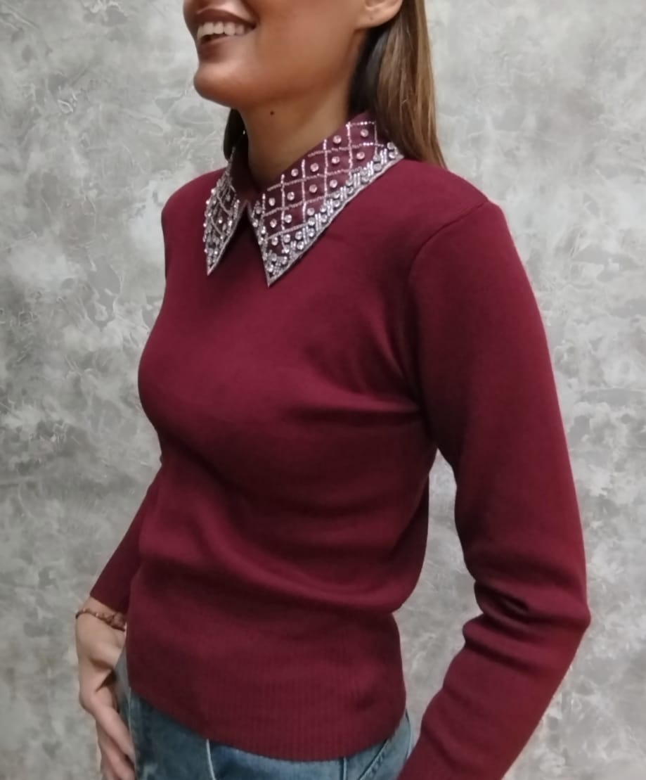 Pullover collo camicia con strass
