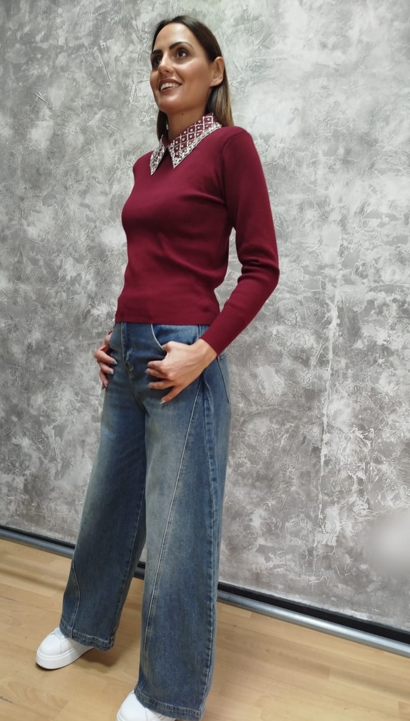 Pullover collo camicia con strass