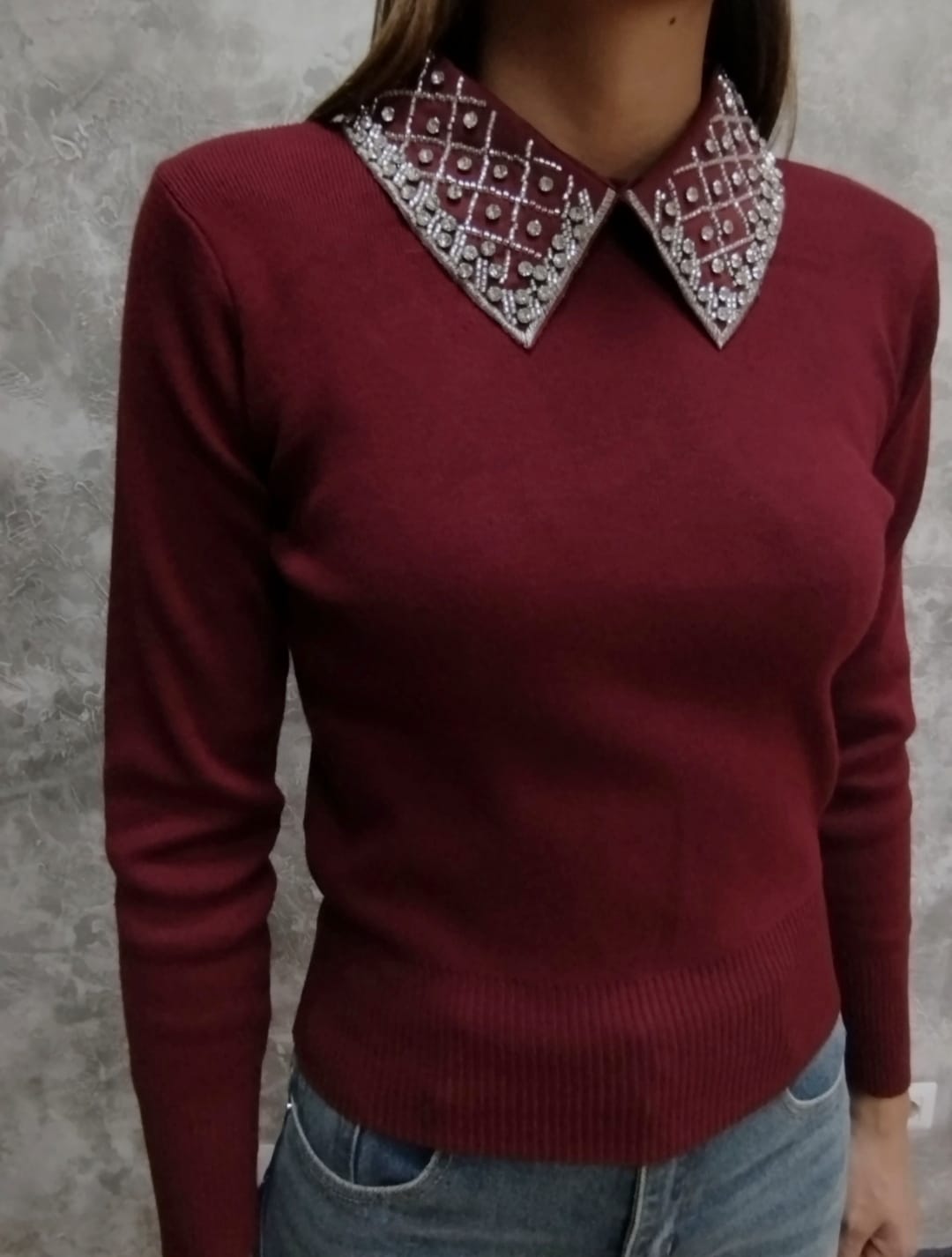 Pullover collo camicia con strass