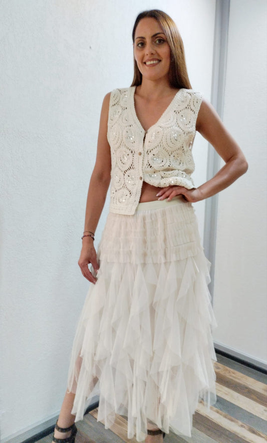 Gonna drappeggiata in tulle beige