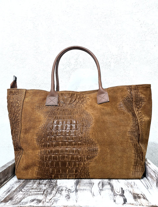 Borsa in pelle scamosciata effetto coccodrillo