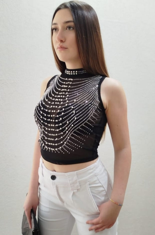 Top collo lupetto con strass e perline