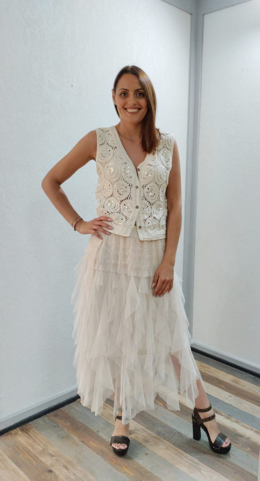 Gonna drappeggiata in tulle beige