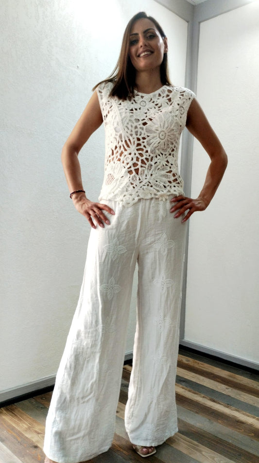 Pantalone ricamato bianco